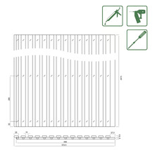 Technische Zeichnung eines Sichtschutzzauns mit Maßangaben und Werkzeugsymbolen.