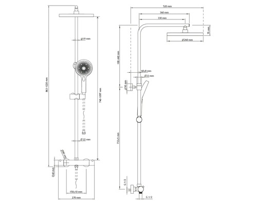 Technische Zeichnung einer Duschsäule mit Maßangaben