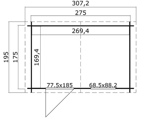 Grundrisszeichnung eines Gartenhauses mit Maßangaben