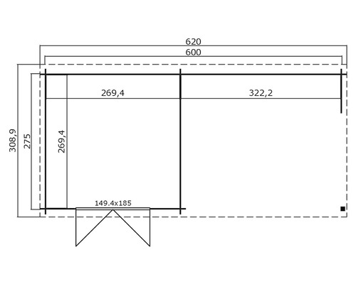 Grundrisszeichnung einer Gartenlaube mit Maßangaben