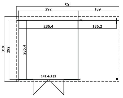 Grundriss eines Gartenhauses mit Maßangaben