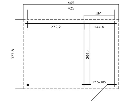 Grundrisszeichnung eines Gartenhauses mit Maßangaben