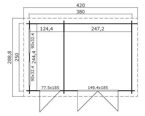 Grundrisszeichnung einer Gartenlaube mit Maßangaben