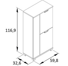 Technische Zeichnung eines Schuhschranks mit den Maßen 116,9 x 59,8 x 32,6 cm.