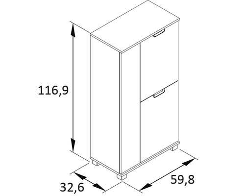 Technische Zeichnung eines Schuhschranks mit den Maßen 116,9 x 59,8 x 32,6 cm.