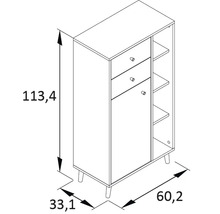Technische Zeichnung eines Schranks mit Schubladen, Tür und Regalen, Maße 113,4 x 60,2 x 33,1 cm