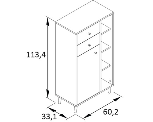 Technische Zeichnung eines Schranks mit Schubladen, Tür und Regalen, Maße 113,4 x 60,2 x 33,1 cm