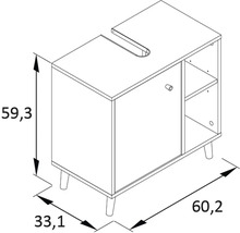 Technische Zeichnung eines Waschtischunterschranks mit Maßen.