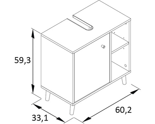Technische Zeichnung eines Waschtischunterschranks mit Maßen.