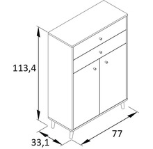 Skizze eines Schranks mit zwei Schubladen und zwei Türen sowie Maßangaben.