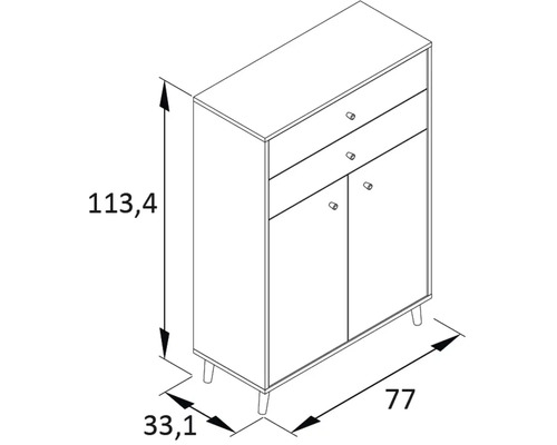 Skizze eines Schranks mit zwei Schubladen und zwei Türen sowie Maßangaben.