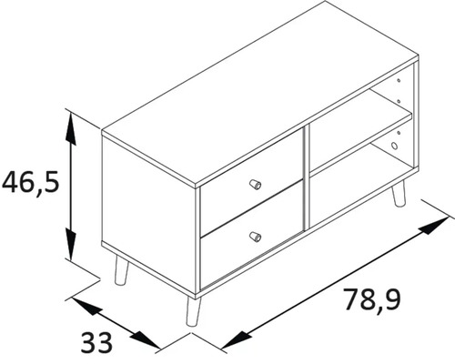 Skizze eines Lowboards mit Schubladen und Regalen, Maße: 46,5 cm Höhe, 78,9 cm Breite, 33 cm Tiefe
