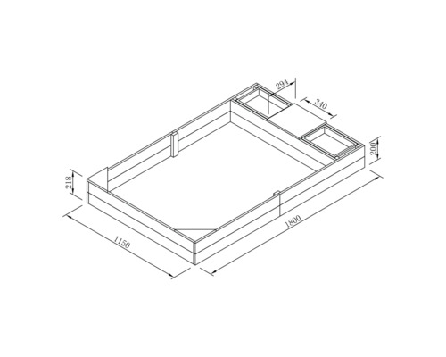 Technische Zeichnung eines Hochbeets mit den Maßen 1800 x 1150 x 218 mm