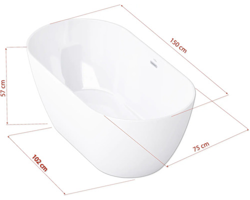 Freistehende Badewanne mit den Maßen 150 cm Länge, 102 cm Breite und 57 cm Höhe.