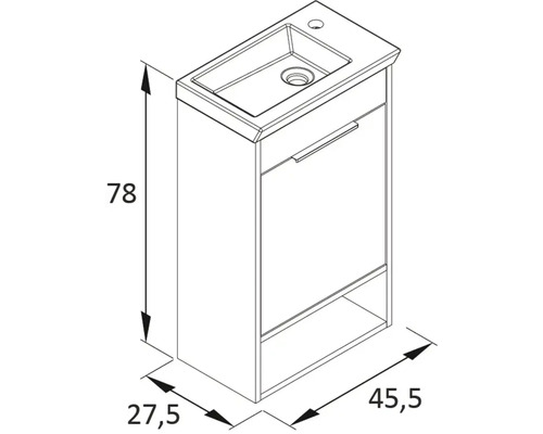 Waschtischunterschrank mit den Maßen 78 x 45,5 x 27,5 Zentimeter als schematische Darstellung