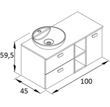 Zeichnung eines Waschtischunterschranks mit Waschbecken und den Maßen 100 x 45 x 59,5 Zentimeter