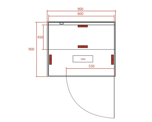 Diagramm einer Wärmekabine mit Maßangaben und Positionierung der Heizelemente.