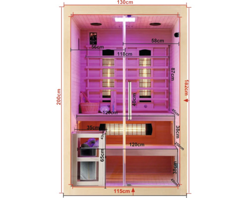 Innenansicht einer Infrarotsauna mit Bemaßung