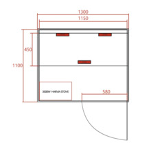 Schema einer Sauna mit Maßen und der Position des Ofens.