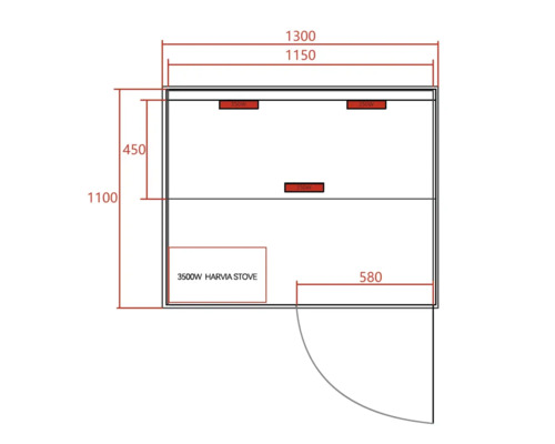 Schema einer Sauna mit Maßen und der Position des Ofens.