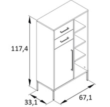 Schrank mit zwei Schubladen, einer Tür und offenen Regalen, Abmessungen 117,4 x 67,1 x 33,1 cm