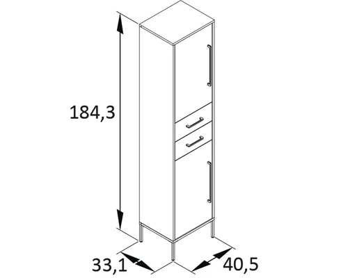 Technische Zeichnung eines Badezimmer Hochschranks mit Maßen