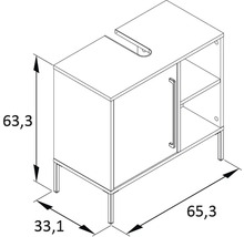 Zeichnung eines Waschtischunterschranks mit den Maßen 63,3 x 33,1 x 65,3 Zentimeter.