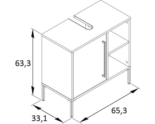 Zeichnung eines Waschtischunterschranks mit den Maßen 63,3 x 33,1 x 65,3 Zentimeter.