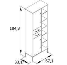 Technische Zeichnung eines Schranks mit den Maßen 184,3 cm Höhe, 67,1 cm Breite und 33,1 cm Tiefe.