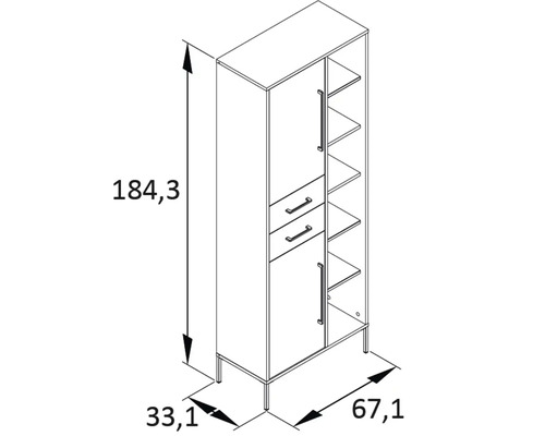 Technische Zeichnung eines Schranks mit den Maßen 184,3 cm Höhe, 67,1 cm Breite und 33,1 cm Tiefe.