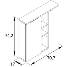 Skizze eines Küchenschranks mit den Maßen 74,2 x 70,7 x 17 cm