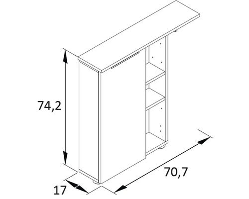 Skizze eines Küchenschranks mit den Maßen 74,2 x 70,7 x 17 cm