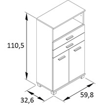 Technische Zeichnung eines Schranks mit Schubladen und Türen sowie Maßangaben