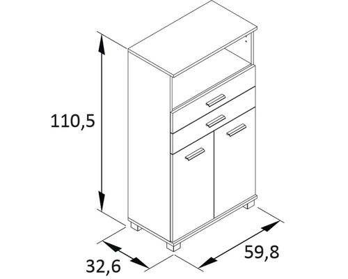 Technische Zeichnung eines Schranks mit Schubladen und Türen sowie Maßangaben