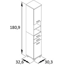 Technische Zeichnung eines Badezimmer-Hochschranks mit den Maßen 180,9 cm Höhe, 32,6 cm Breite und 30,3 cm Tiefe.