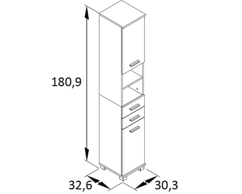 Technische Zeichnung eines Badezimmer-Hochschranks mit den Maßen 180,9 cm Höhe, 32,6 cm Breite und 30,3 cm Tiefe.