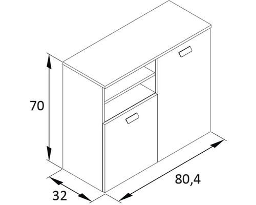Technische Zeichnung eines Sideboards mit den Maßen 70 x 80,4 x 32 cm.