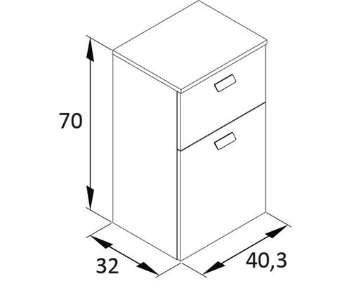 Technische Zeichnung eines Unterschranks mit zwei Schubladen und den Maßen 70 x 32 x 40,3 cm.