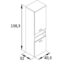 Technische Zeichnung eines Badezimmer-Hochschranks mit den Maßen 138,3 x 32 x 40,3 cm.
