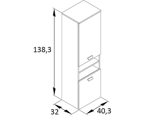 Technische Zeichnung eines Badezimmer-Hochschranks mit den Maßen 138,3 x 32 x 40,3 cm.