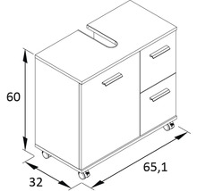 Zeichnung eines Unterschranks mit Schubladen und Rollen, Maße 60 x 65,1 x 32 cm