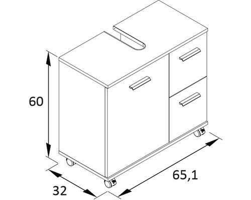 Zeichnung eines Unterschranks mit Schubladen und Rollen, Maße 60 x 65,1 x 32 cm