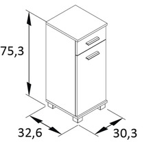 Technische Zeichnung eines Unterschranks mit Schubladen und den Maßen 75,3 x 32,6 x 30,3 cm.