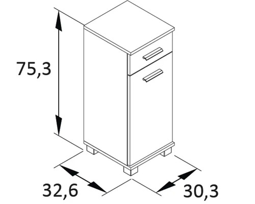 Technische Zeichnung eines Unterschranks mit Schubladen und den Maßen 75,3 x 32,6 x 30,3 cm.