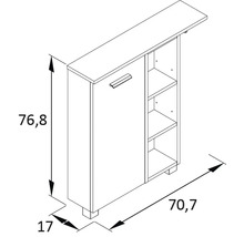 Technische Zeichnung eines Schranks mit den Maßen 76,8 x 70,7 x 17 cm