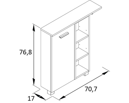 Technische Zeichnung eines Schranks mit den Maßen 76,8 x 70,7 x 17 cm