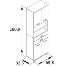Technische Zeichnung eines Hochschranks mit Schubladen und Regalen, Maße 180,9 x 59,8 x 32,6 cm