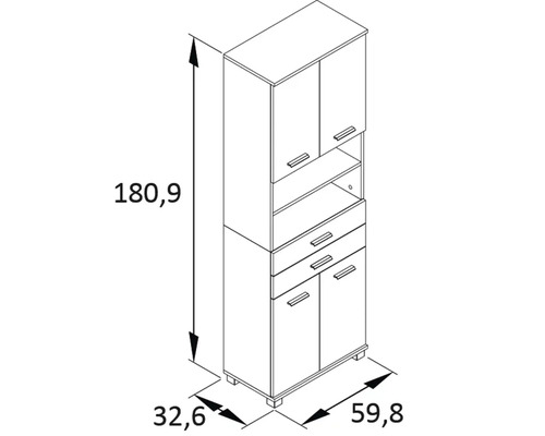 Technische Zeichnung eines Hochschranks mit Schubladen und Regalen, Maße 180,9 x 59,8 x 32,6 cm