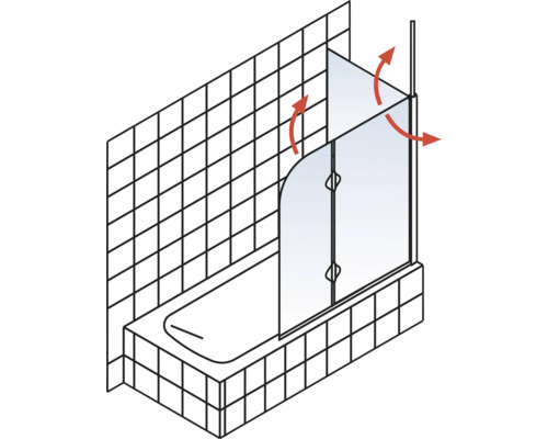 Illustration einer Badewanne mit Badewannenaufsatz und roten Pfeilen, die die Drehfunktion des Aufsatzes verdeutlichen.