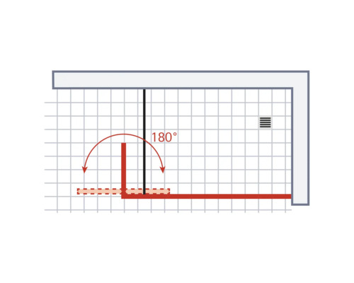 Grafische Darstellung einer Duschabtrennung mit 180 Grad Schwenkbereich